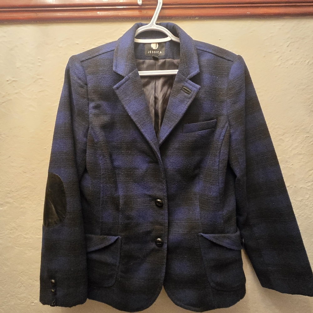 Jessica Blue Plaid Wool-Blend Blazer | Elbow Patches | Classic Tailored Fit